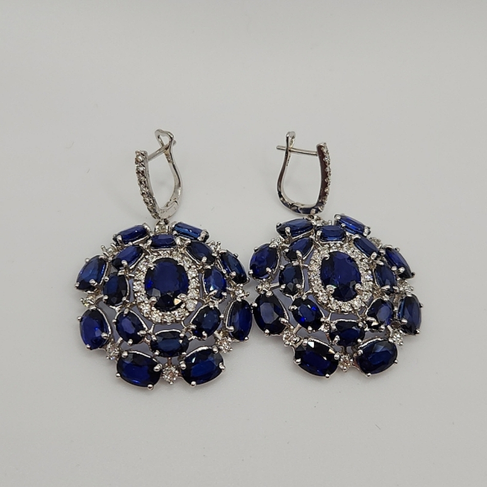 36ct Royal Blue Sapphire and 1.9ct Diamond Earrings. 100% Natural Stones.